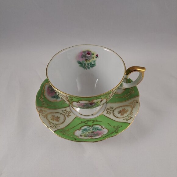Thames Green Bone China Floral Tea Cup Saucer Gold Trimmed Vintage - Picture 16 of 16